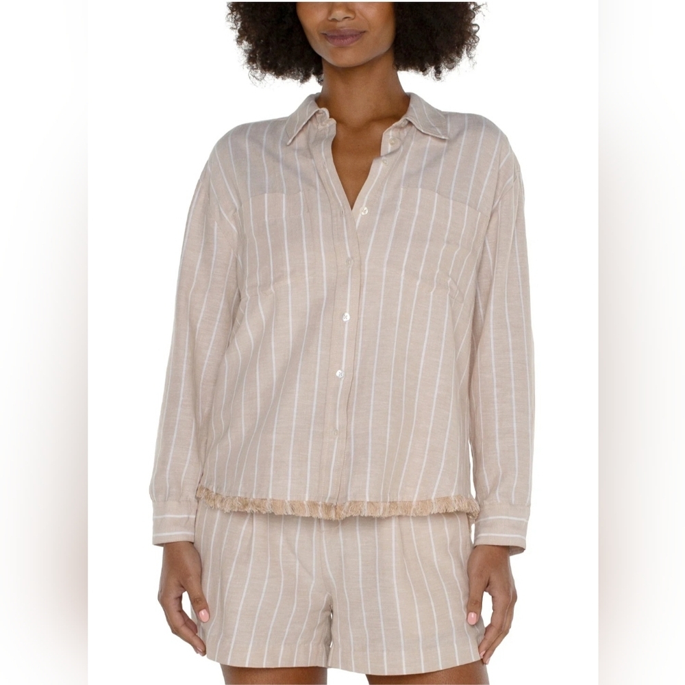 XL LIVERPOOL Linen Blend Striped Button Down Fringe Hem Lagenlook Shirt - Picture 3 of 8